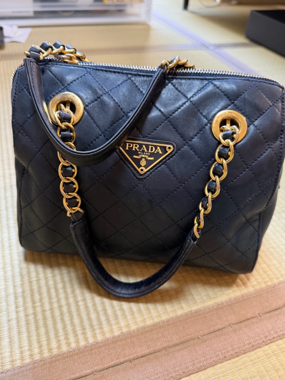 Prada Black Quilted Leather Shoulder Tote with Gold Hardware